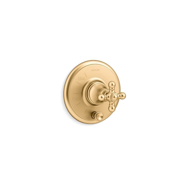 Kohler - Artifacts Rite-Temp valve trim with push-button diverter and cross handle - Vibrant Brushed Moderne Brass