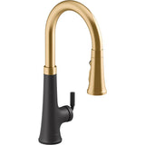 Kohler - Tone Touchless pull-down kitchen sink faucet with KOHLER KonnectE and three-function sprayhead - Matte Black with Brushed Moderne Brass