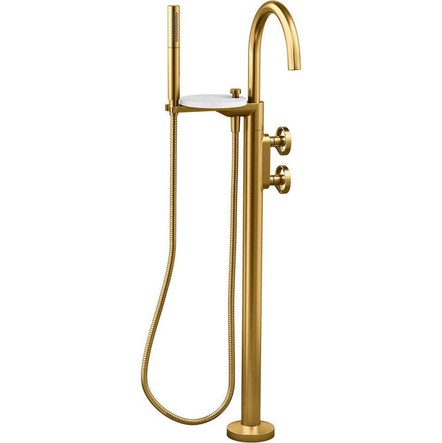 Kohler - Components Floor-mount bath filler trim with industrial handles and handshower - Vibrant Brushed Moderne Brass