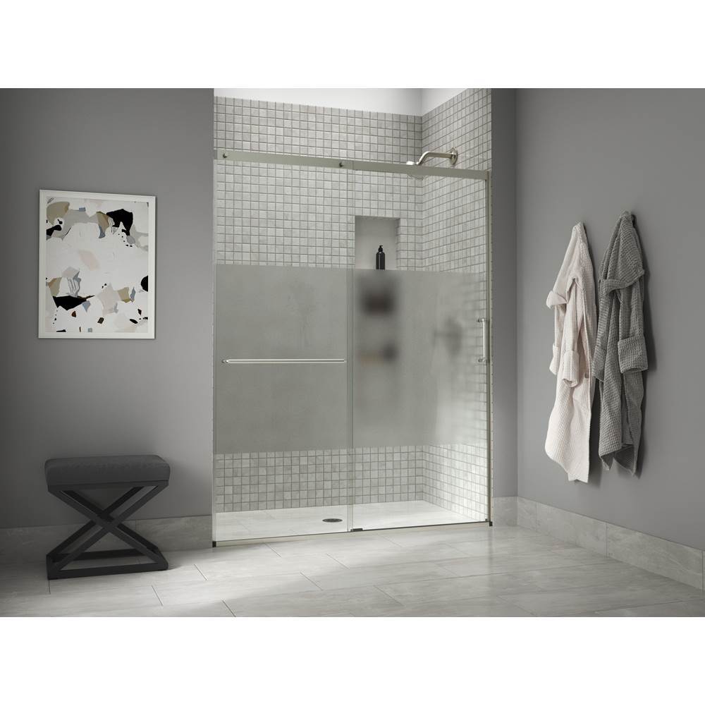 Elate Sliding shower door, 75-1/2'' H x 62-1/4 - 65-5/8'' W with heavy 5/16'' thick Crystal Clear glass with privacy band