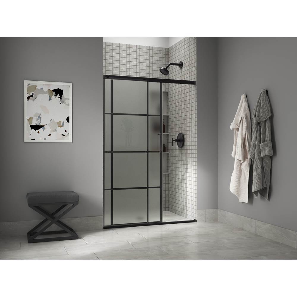 Elate Sliding shower door, 75-1/2'' H x 62-1/4 - 65-5/8'' W, with heavy 5/16'' thick Frosted glass with rectangular grille pattern
