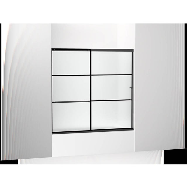 Kohler - Elate Sliding bath door, 56-3/4'' H x 56-1/4 - 59-5/8'' W, with 1/4'' thick Frosted glass with rectangular grille pattern - Matte Black