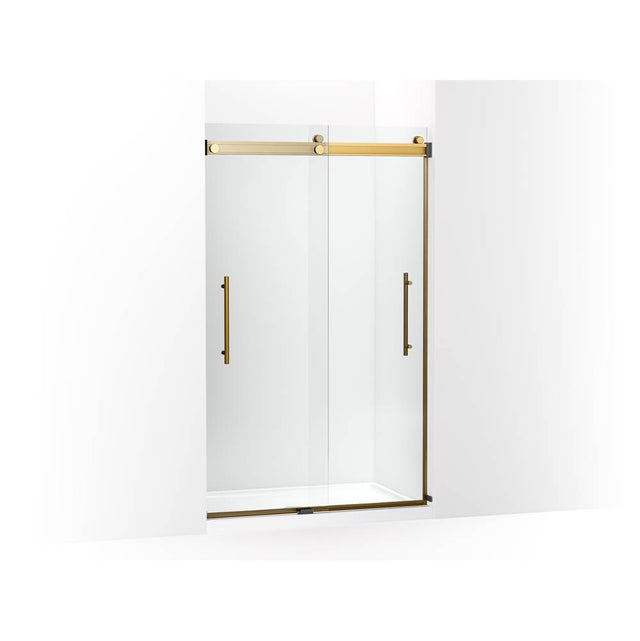 Kohler - Levity Plus Frameless sliding shower door, 77-9/16'' H x 44-5/8 - 47-5/8'' W, with 5/16''-thick Crystal Clear glass - Vibrant Brushed Moderne Brass