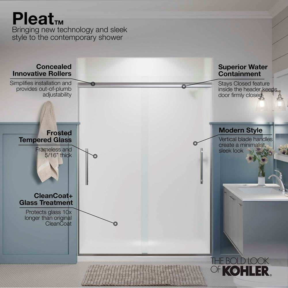 Pleat Frameless sliding shower door, 79-1/16'' H x 54-5/8 - 59-5/8'' W, with 5/16'' thick Frosted glass