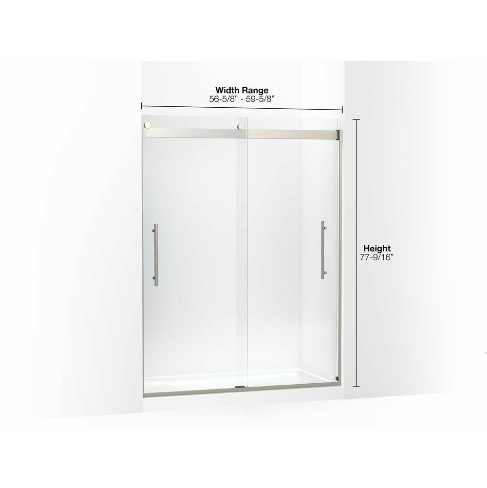 Levity Plus Frameless sliding shower door, 77-9/16'' H x 56-5/8 - 59-5/8'' W, with 5/16''-thick Crystal Clear glass