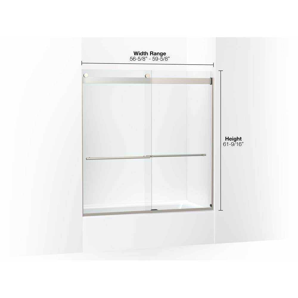 Levity Plus Frameless sliding bath door, 61-9/16'' H x 56-5/8 - 59-5/8'' W, with 5/16''-thick Crystal Clear glass