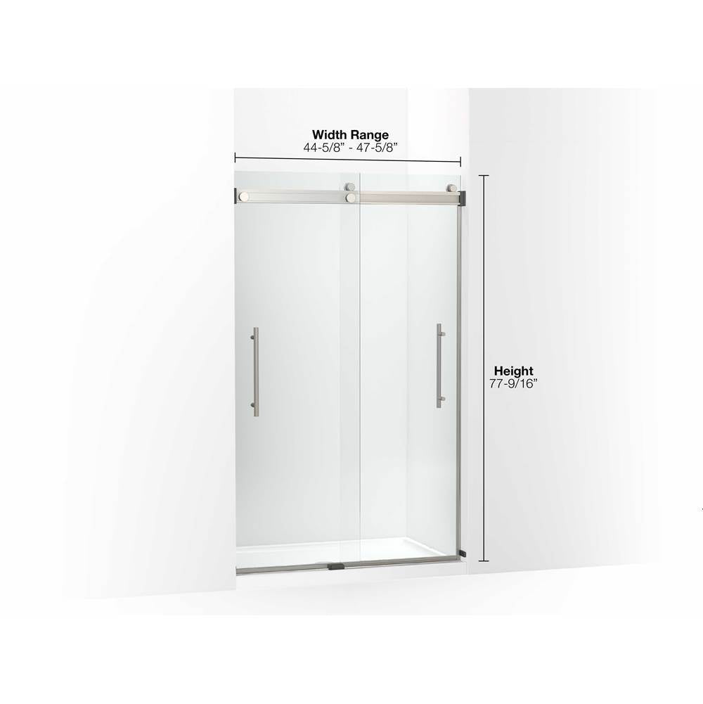 Levity Plus Frameless sliding shower door, 77-9/16'' H x 44-5/8 - 47-5/8'' W, with 5/16''-thick Crystal Clear glass