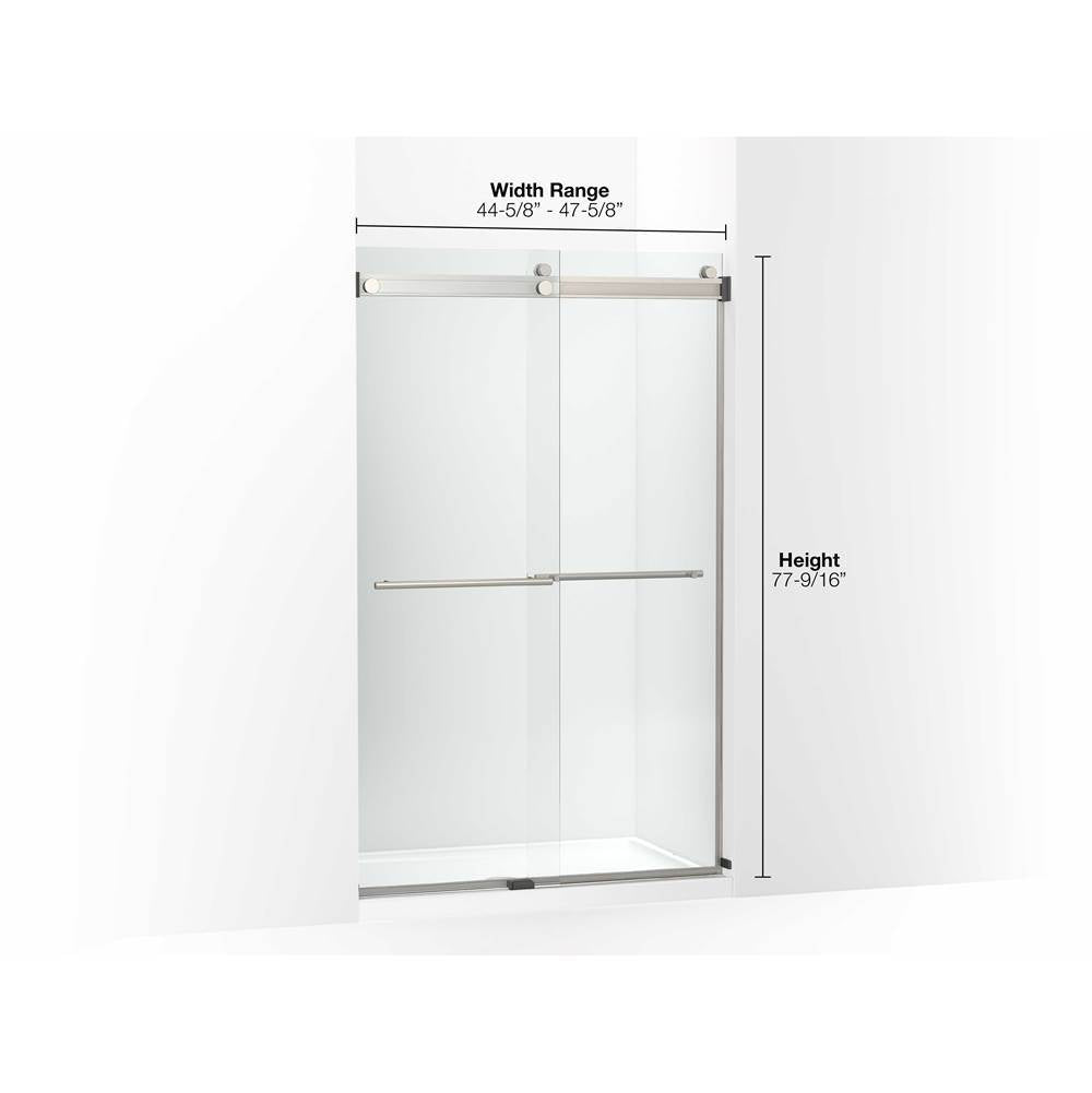 Levity Plus Frameless sliding shower door, 77-9/16'' H x 44-5/8 - 47-5/8'' W, with 5/16''-thick Crystal Clear glass