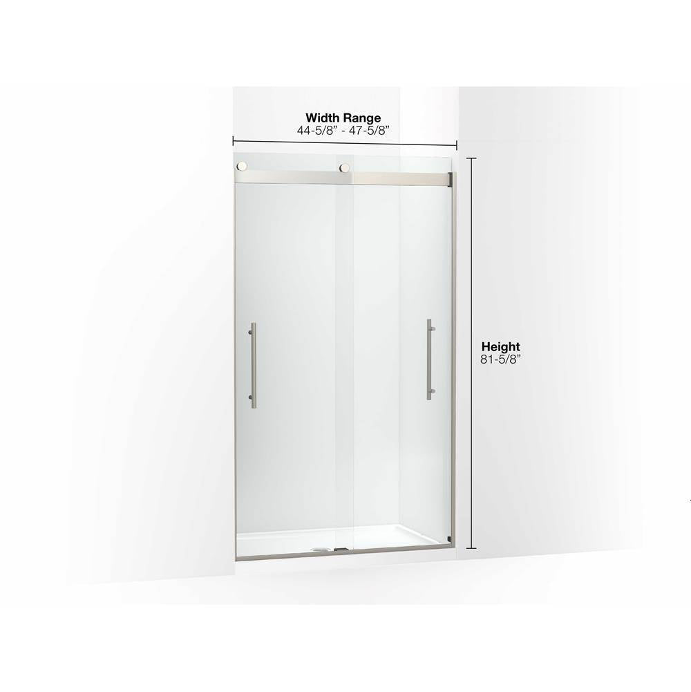 Levity Plus Frameless sliding shower door, 81-5/8'' H x 44-5/8 - 47-5/8'' W, with 3/8''-thick Crystal Clear glass