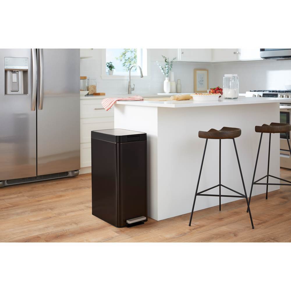Kohler - 13-gallon stainless steel slim step trash can with bifold lid - Black Stainless
