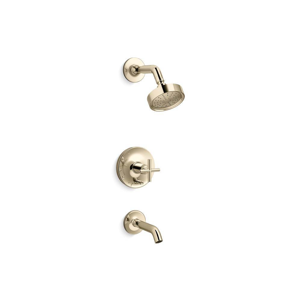Kohler - Purist Rite-Temp bath and shower trim kit with push-button diverter and cross handle, 1.75 gpm - Vibrant French Gold