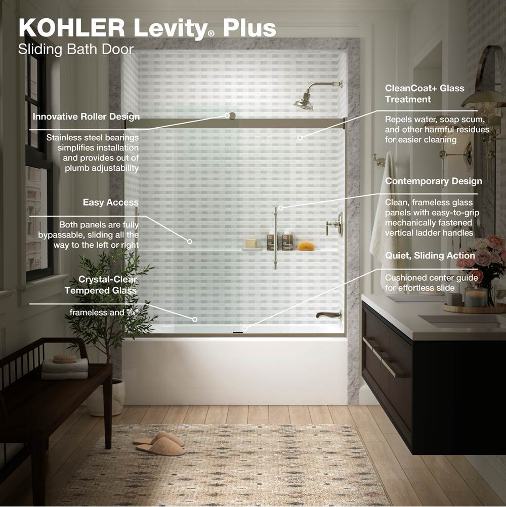 Levity Plus Frameless sliding bath door, 61-9/16'' H x 56-5/8 - 59-5/8'' W, with 5/16''-thick Crystal Clear glass