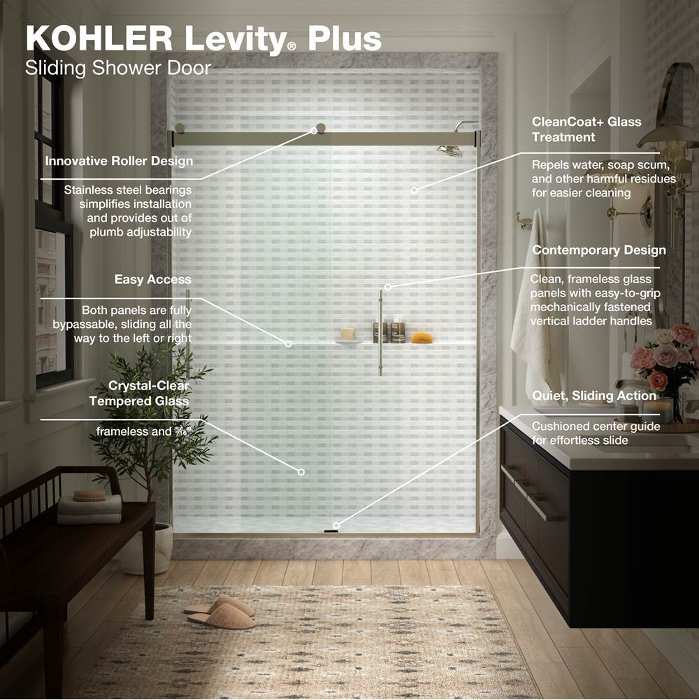 Levity Plus Frameless sliding shower door, 77-9/16'' H x 56-5/8 - 59-5/8'' W, with 5/16''-thick Crystal Clear glass