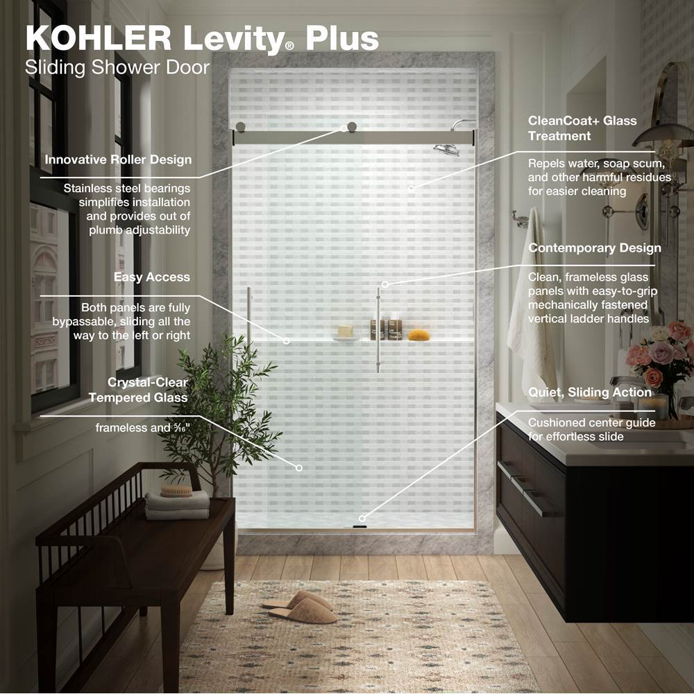 Levity Plus Frameless sliding shower door, 77-9/16'' H x 44-5/8 - 47-5/8'' W, with 5/16''-thick Crystal Clear glass