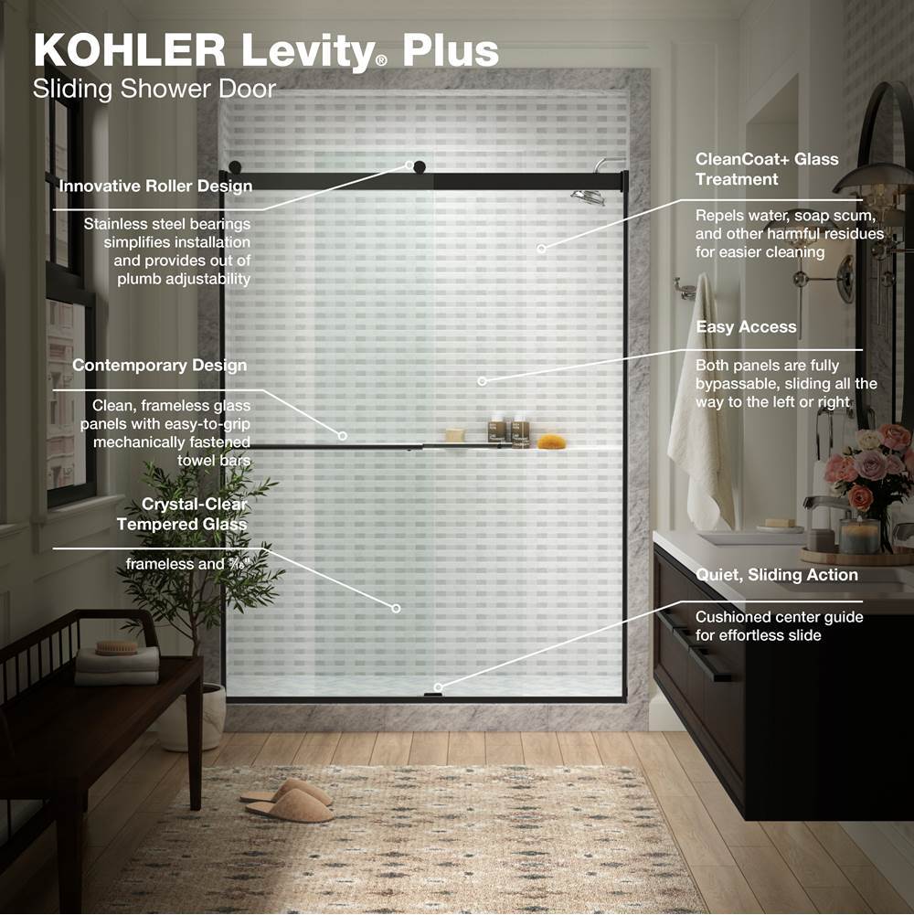Levity Plus Frameless sliding shower door, 77-9/16'' H x 56-5/8 - 59-5/8'' W, with 5/16''-thick Crystal Clear glass