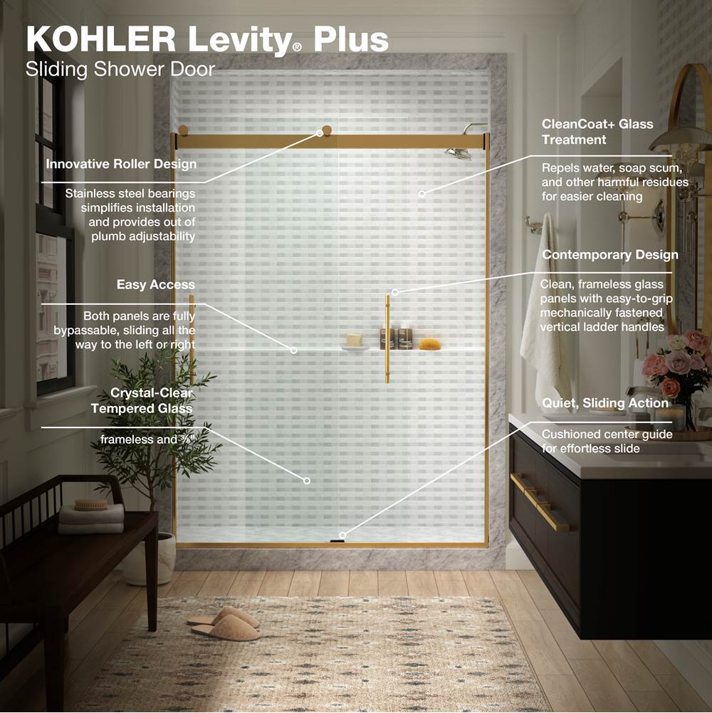 Levity Plus Frameless sliding shower door, 81-5/8'' H x 56-5/8 - 59-5/8'' W, with 3/8''-thick Crystal Clear glass