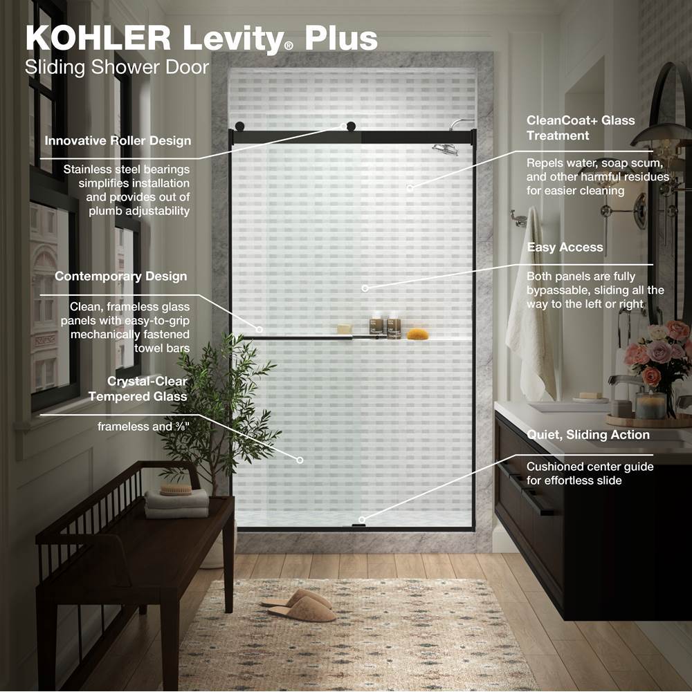 Levity Plus Frameless sliding shower door, 81-5/8'' H x 44-5/8 - 47-5/8'' W, with 3/8''-thick Crystal Clear glass