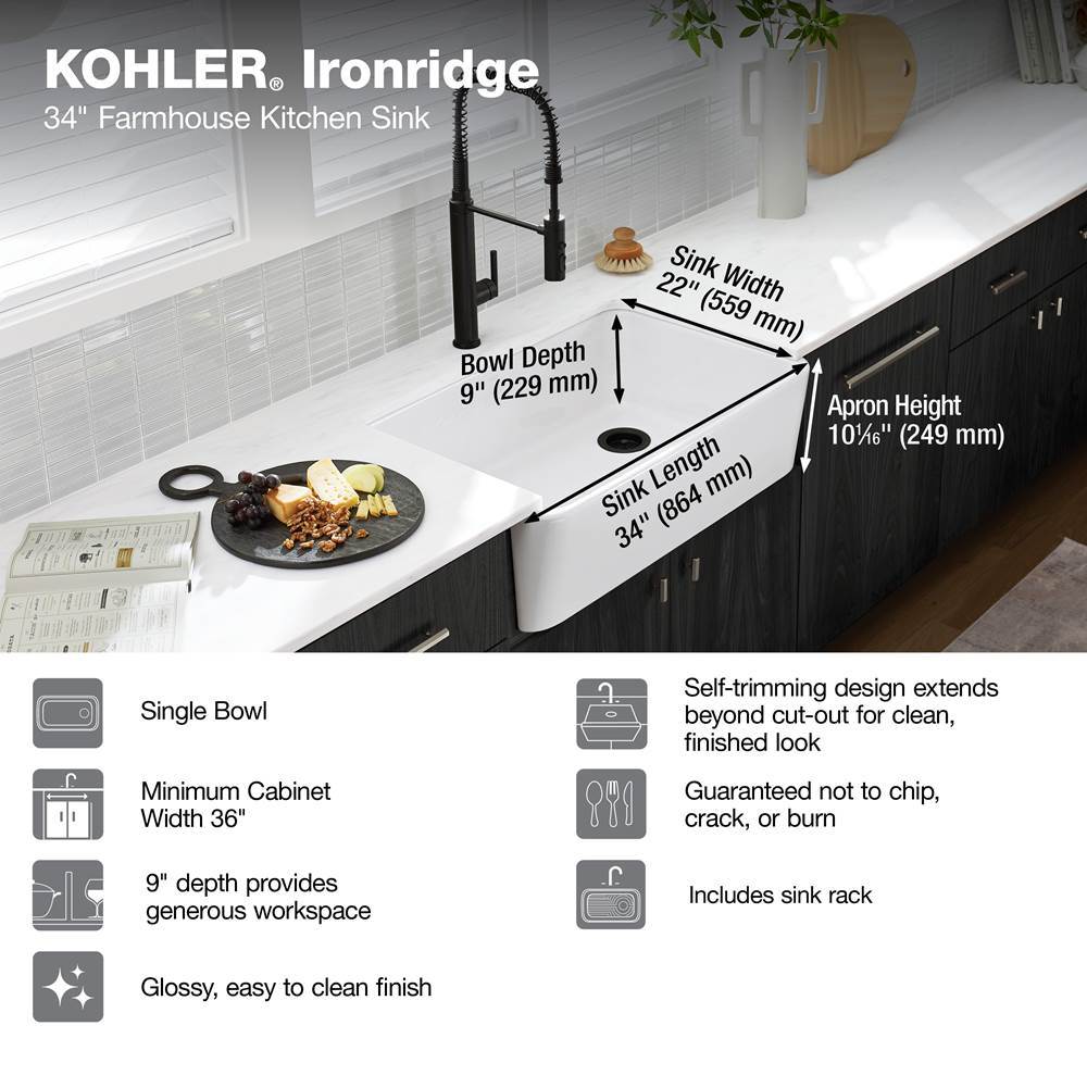 Ironridge 34'' undermount single-bowl farmhouse kitchen sink