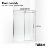 ComposedE Sliding shower door, 78'' H x 56-1/8 - 59-7/8'' W, with 3/8'' thick Crystal Clear glass