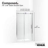 ComposedE Sliding shower door, 78'' H x 44-1/8 - 47-7/8'' W, with 3/8'' thick Crystal Clear glass