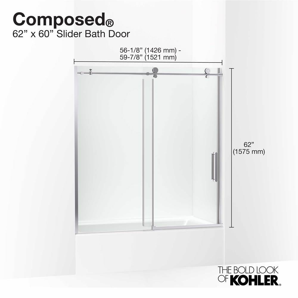 ComposedE 62'' H sliding bath door with 3/8''-thick glass