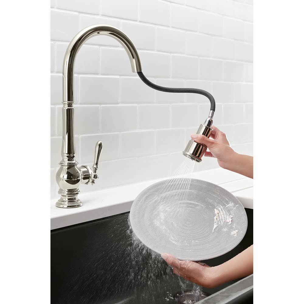 Artifacts Touchless pull-down kitchen sink faucet with three-function sprayhead