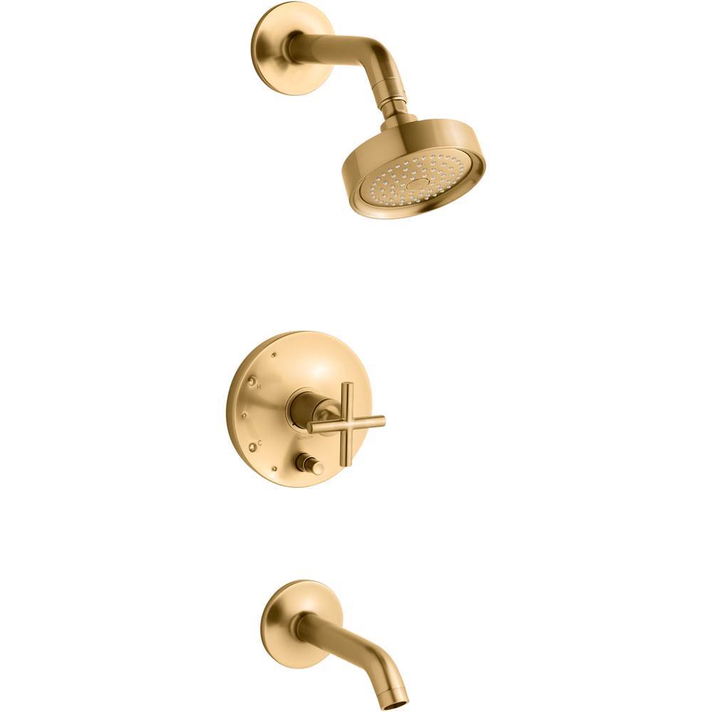 Kohler - Purist Rite-Temp bath and shower trim kit with push-button diverter and cross handle, 2.5 gpm - Vibrant Brushed Moderne Brass