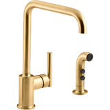 Kohler - Purist Single-handle kitchen sink faucet with side sprayer - Vibrant Brushed Moderne Brass