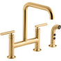 Kohler - Purist Two-hole bridge kitchen sink faucet with side sprayer - Vibrant Brushed Moderne Brass