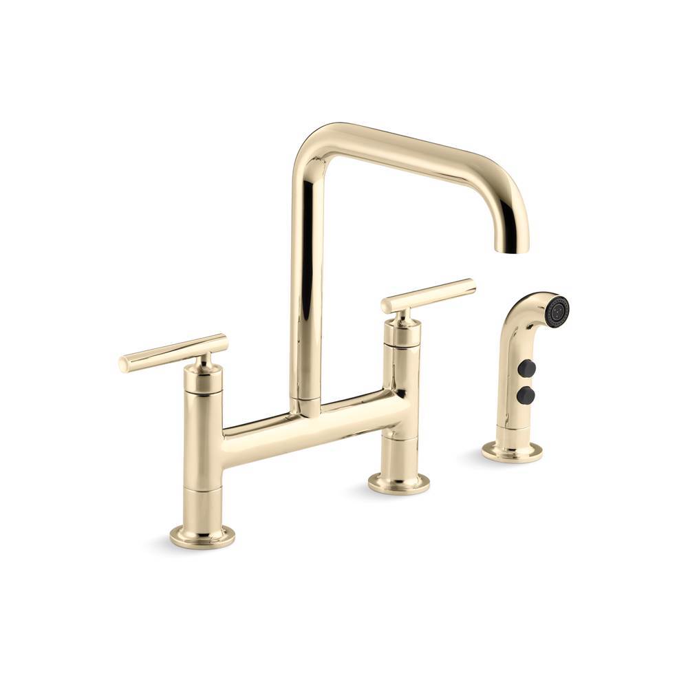Kohler - Purist Two-hole bridge kitchen sink faucet with side sprayer - Vibrant French Gold