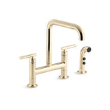 Kohler - Purist Two-hole bridge kitchen sink faucet with side sprayer - Vibrant French Gold