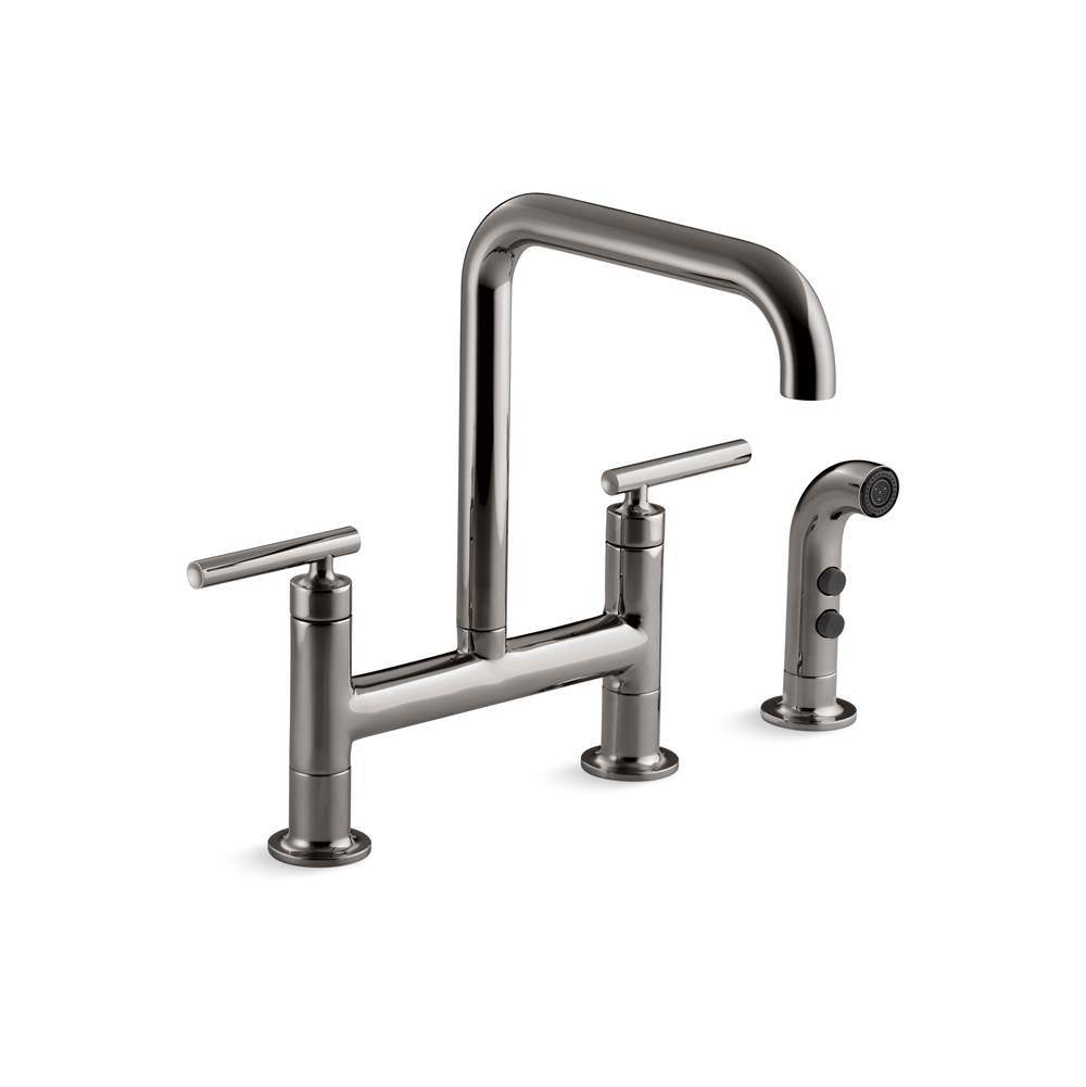Kohler - Purist Two-hole bridge kitchen sink faucet with side sprayer - Vibrant Titanium