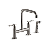 Kohler - Purist Two-hole bridge kitchen sink faucet with side sprayer - Vibrant Titanium