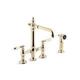 Kohler - Artifacts Two-hole bridge kitchen sink faucet with side sprayer - Vibrant French Gold