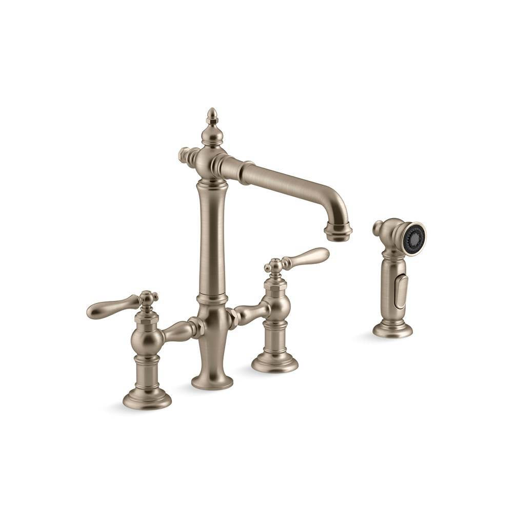 Kohler - Artifacts Two-hole bridge kitchen sink faucet with side sprayer - Vibrant Brushed Bronze