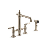 Kohler - Artifacts Two-hole bridge kitchen sink faucet with side sprayer - Vibrant Brushed Bronze
