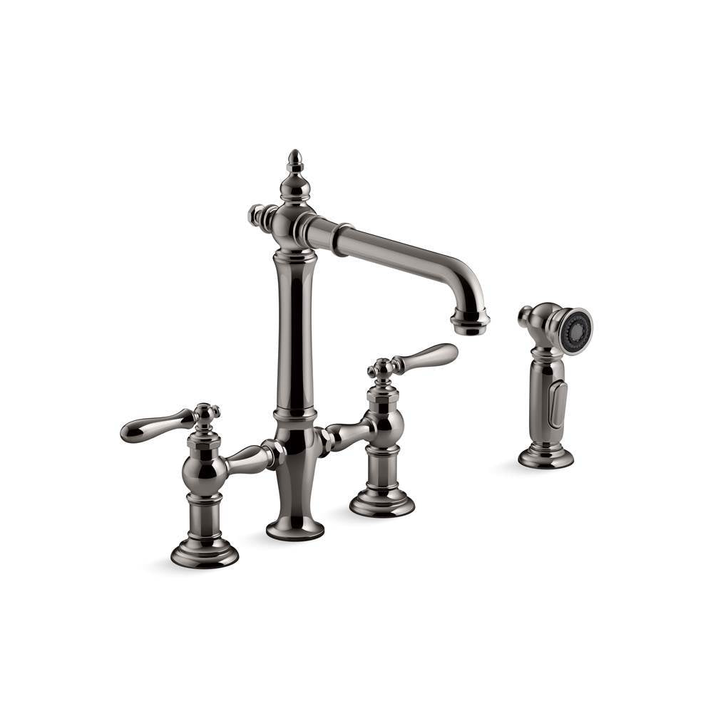 Kohler - Artifacts Two-hole bridge kitchen sink faucet with side sprayer - Vibrant Titanium