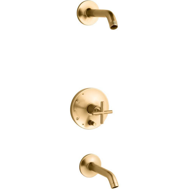 Kohler - Purist Rite-Temp bath and shower trim kit with push-button diverter and cross handle, without showerhead - Vibrant Brushed Moderne Brass