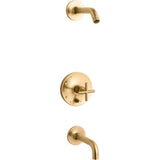 Kohler - Purist Rite-Temp bath and shower trim kit with push-button diverter and cross handle, without showerhead - Vibrant Brushed Moderne Brass