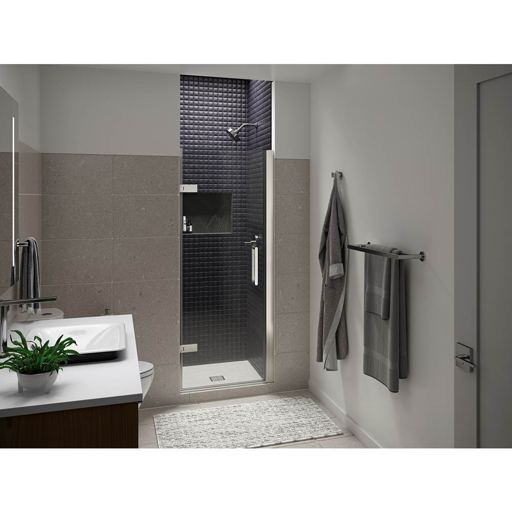 ComposedE Frameless pivot shower door, 71-5/8'' H x 27-5/8 - 28-3/8'' W, with 3/8'' thick Crystal Clear glass