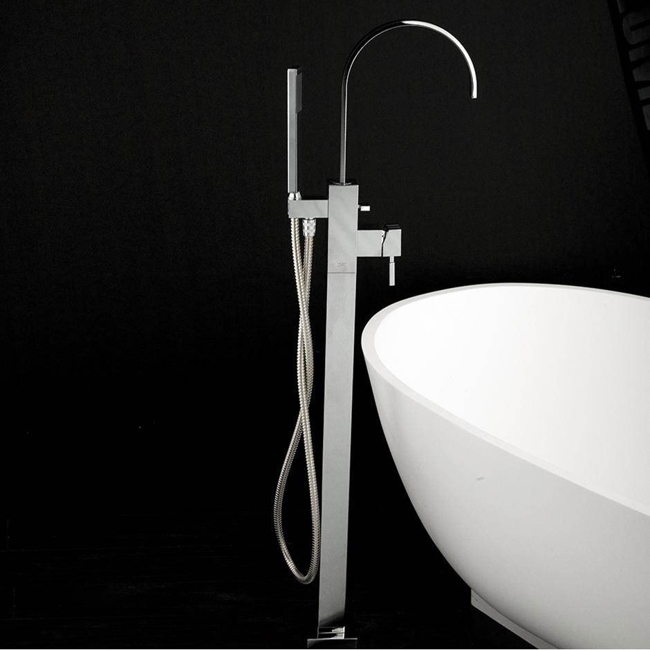 Lacava - Floor-standing single-hole tub filler with one lever handle, two-way diverter, and hand-held shower with 59'' flexible hose. - Brushed Nickel