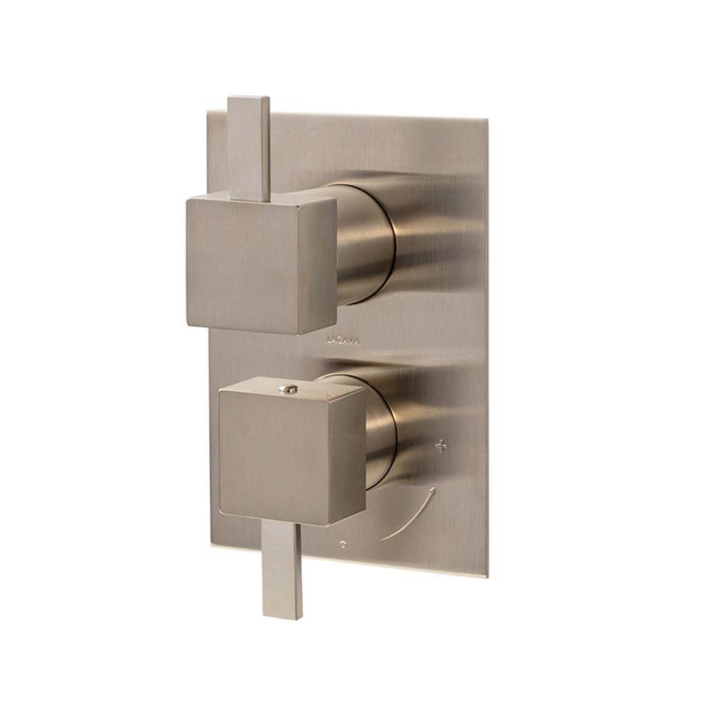 Lacava - Built-in progressive pressure balancing mixer  with 3- way diverter, two lever handles and a retangular backplate. Water flow rate: 5.6 gpm at 45 psi. - Brushed Nickel