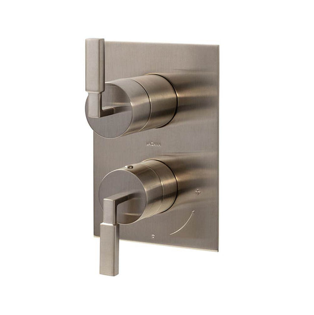 Lacava - Built-in progressive pressure balancing mixer  with 3- way diverter, two stick lever handles and a retangular backplate. Water flow rate: 5.6 gpm at 45 psi. - Brushed Nickel