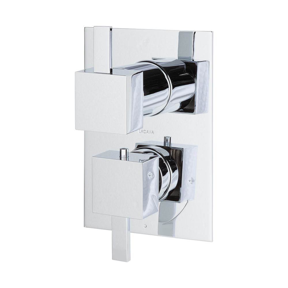Lacava - TRIM ONLY - Thermostatic Valve w/ 2-way shared diverter + OFF,  GPM 8.5 (60PSI) with rectangular back plate and 2 stacked square handles - Polished Chrome