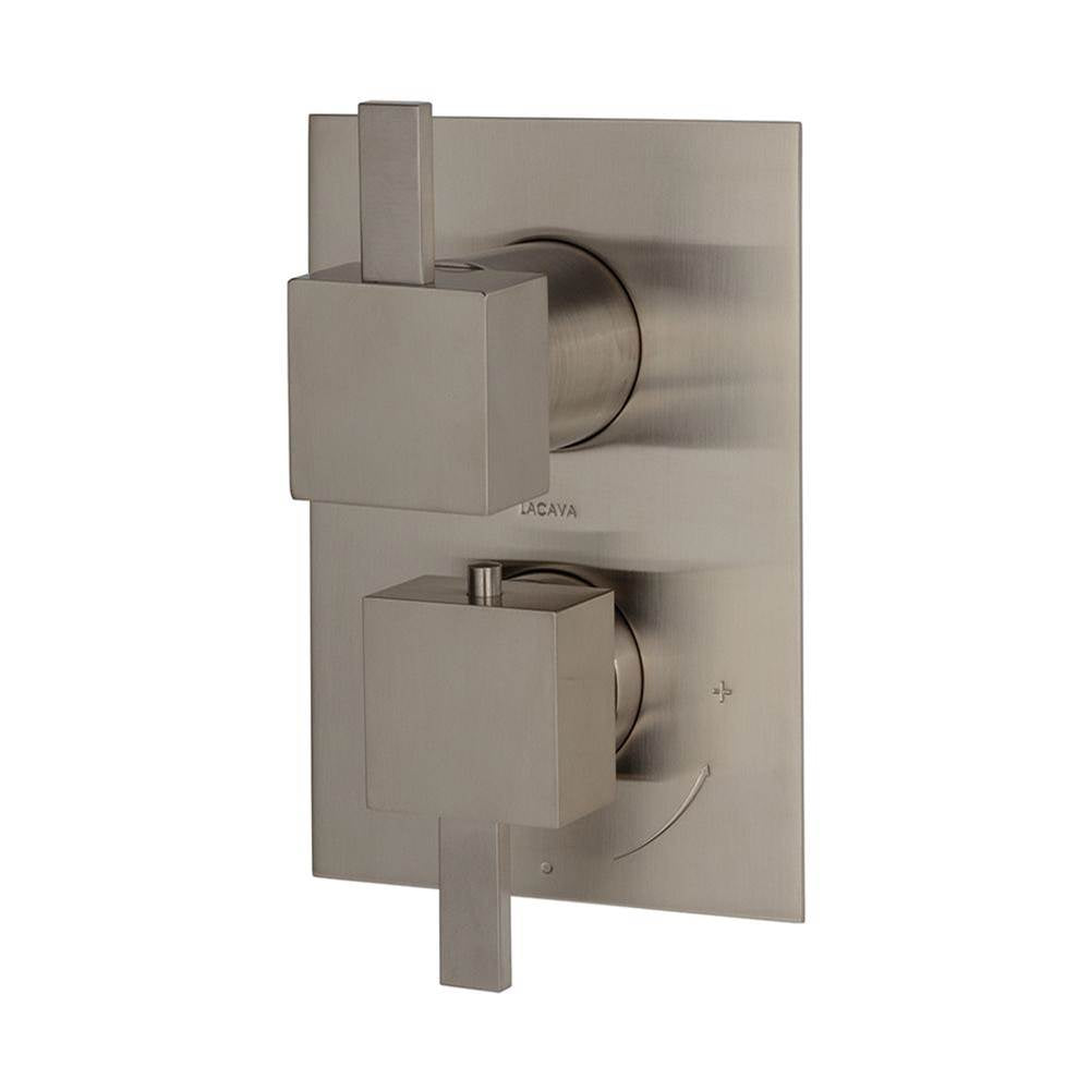 Lacava - TRIM ONLY - Thermostatic Valve w/ 2-way shared diverter + OFF,  GPM 8.5 (60PSI) with rectangular back plate and 2 stacked square handles - Brushed Nickel