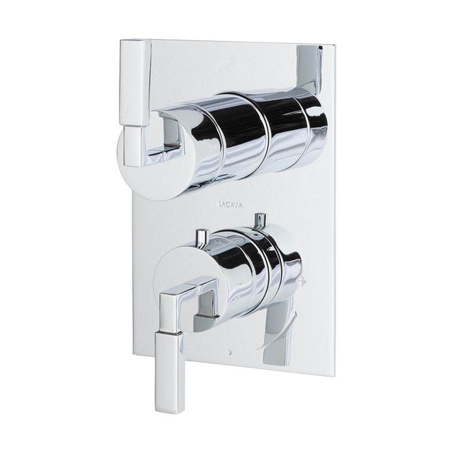 Lacava - TRIM ONLY - Thermostatic Valve w/ 2-way shared diverter + OFF,  GPM 8.5 (60PSI) with rectangular back plate and 2 stacked lever handles - Polished Chrome