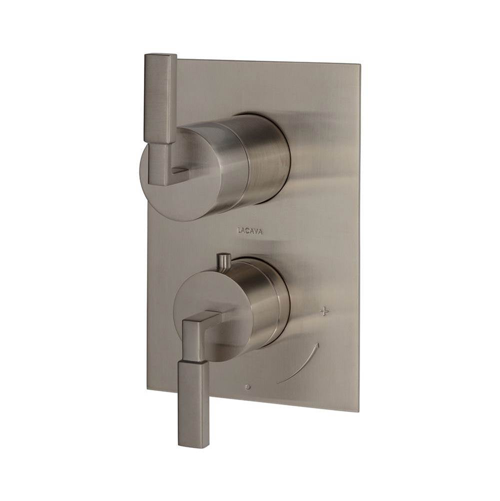 Lacava - TRIM ONLY - Thermostatic Valve w/ 2-way shared diverter + OFF,  GPM 8.5 (60PSI) with rectangular back plate and 2 stacked lever handles - Brushed Nickel
