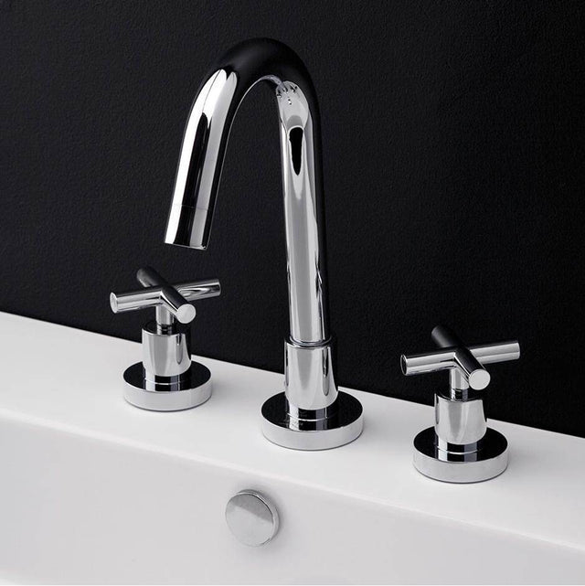Lacava - Deck-mount three-hole faucet with a goose-neck swiveling spout, two cross handles, and a pop-up drain. - Polished Nickel