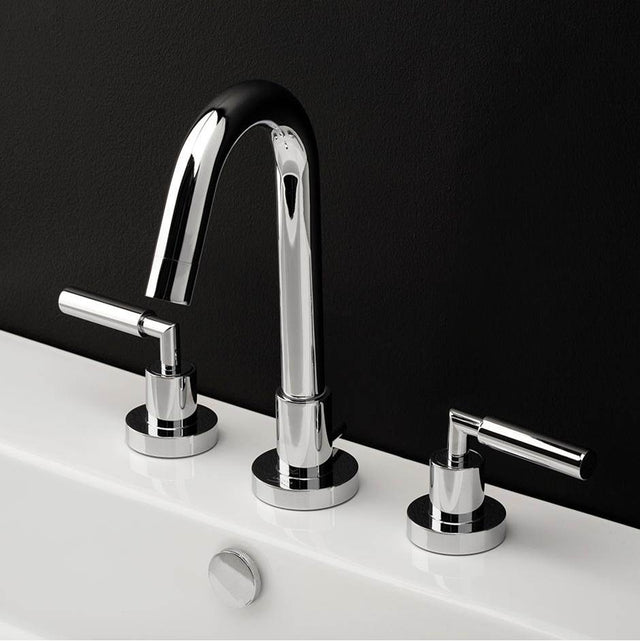Lacava - Deck-mount three-hole faucet with a goose-neck swiveling spout, two lever handles, and a pop-up drain. - Polished Nickel