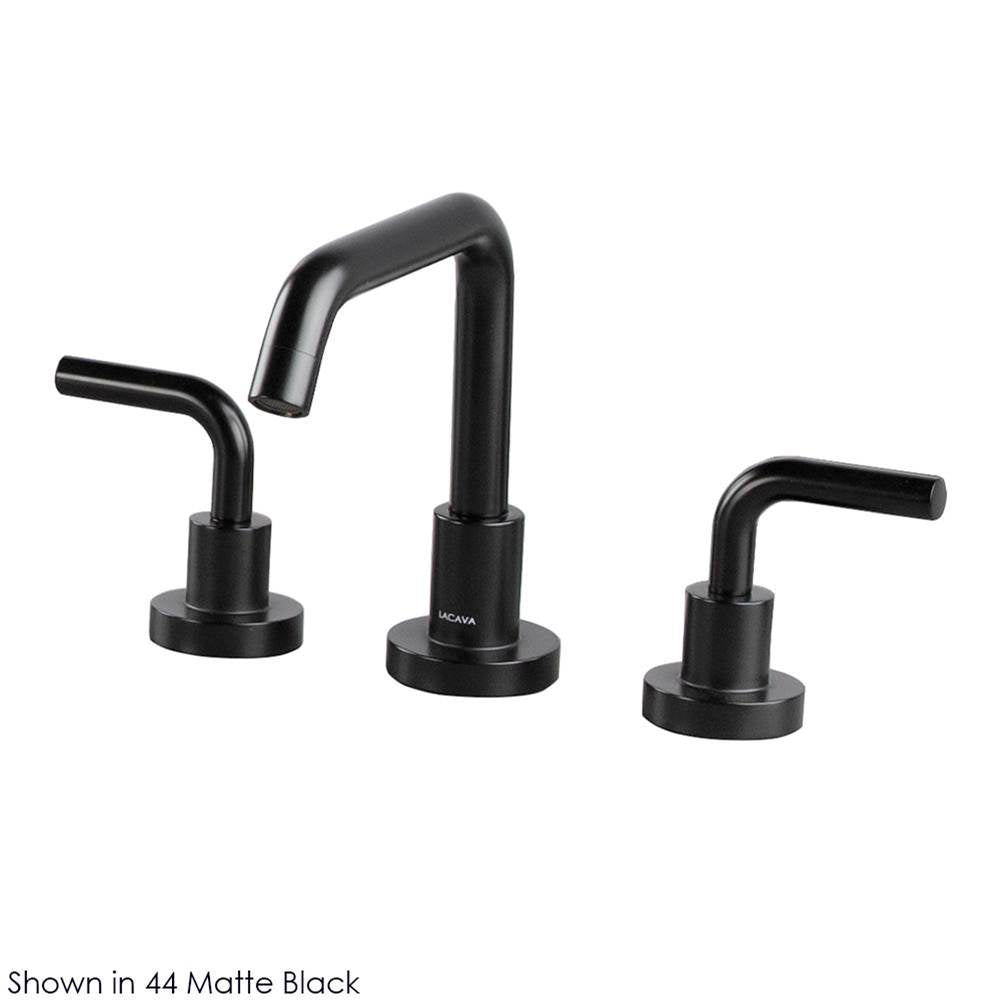 Lacava - Deck-mount three-hole faucet with a squared-gooseneck swiveling spout, two curved lever handles, and a pop-up drain. - Polished Nickel